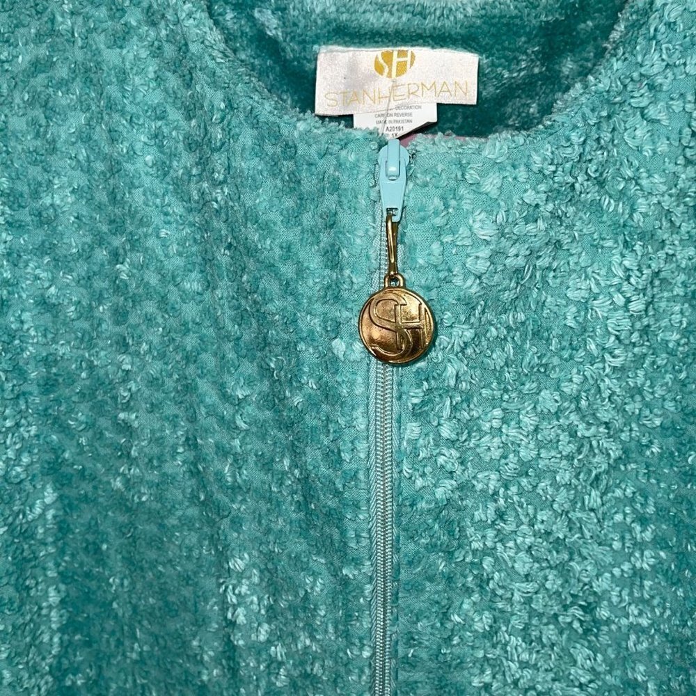 New Stan Herman Vintage Womens Robe Size 1X Green Chenille Half Zipper Front - Picture 10 of 14